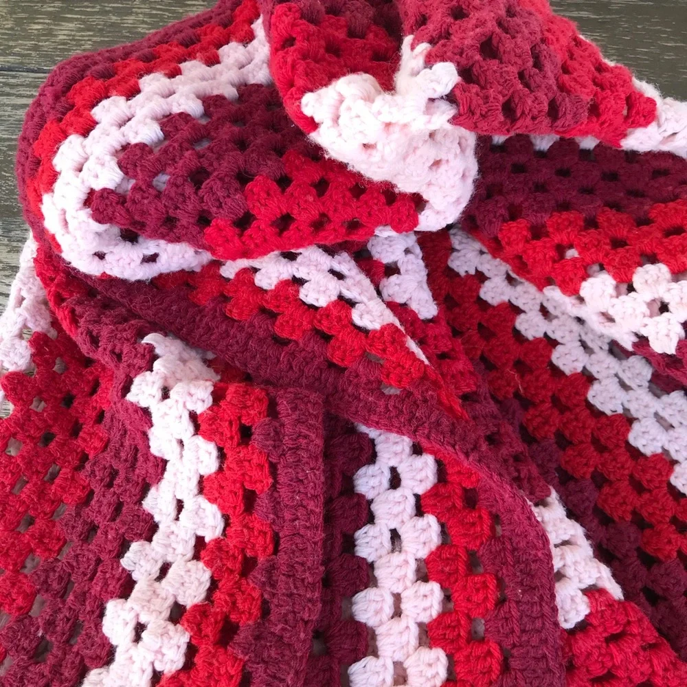 VINTAGE Crochet Red & Pink Hand Knit Throw Blanket Handcrafted